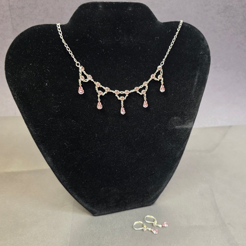 Claire's 13-16" Necklace Silver Tone Pink Purple Rhinestone Drop Earrings Set
